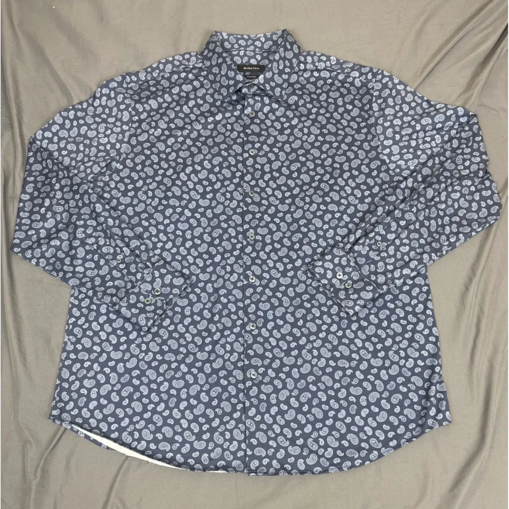 Bugatchi Mens XXL Navy Blue Paisley 8-Way Stretch Long Sleeve Shirt CF9115K60 - Picture 8 of 16